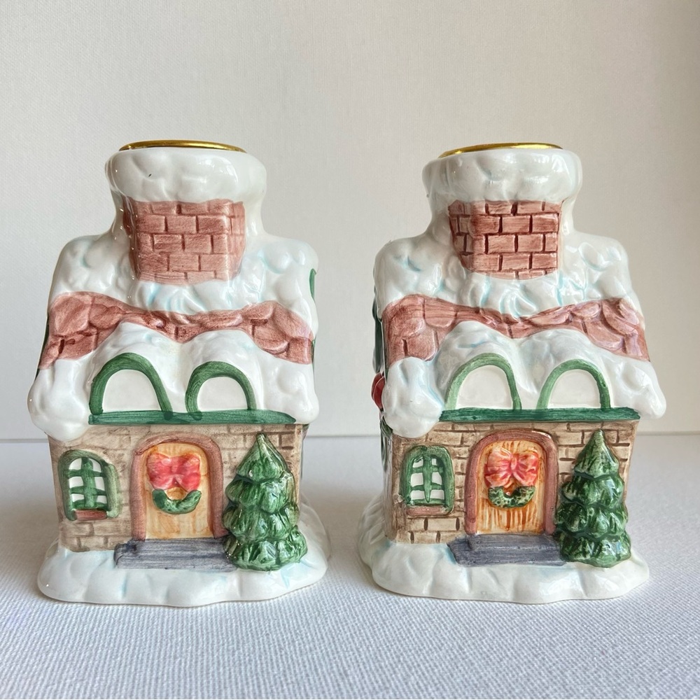 Christmas cottage candleholders pair for taper candles in ceramic 1996 VINTAGE